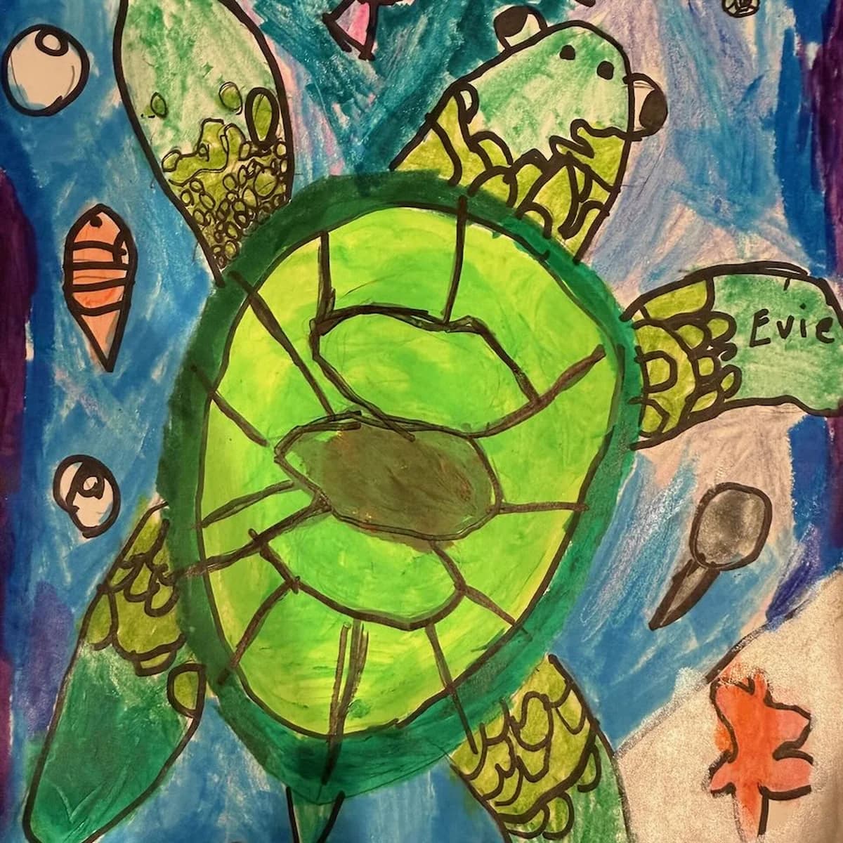 Child's marker drawing and its stitched canvas — photo