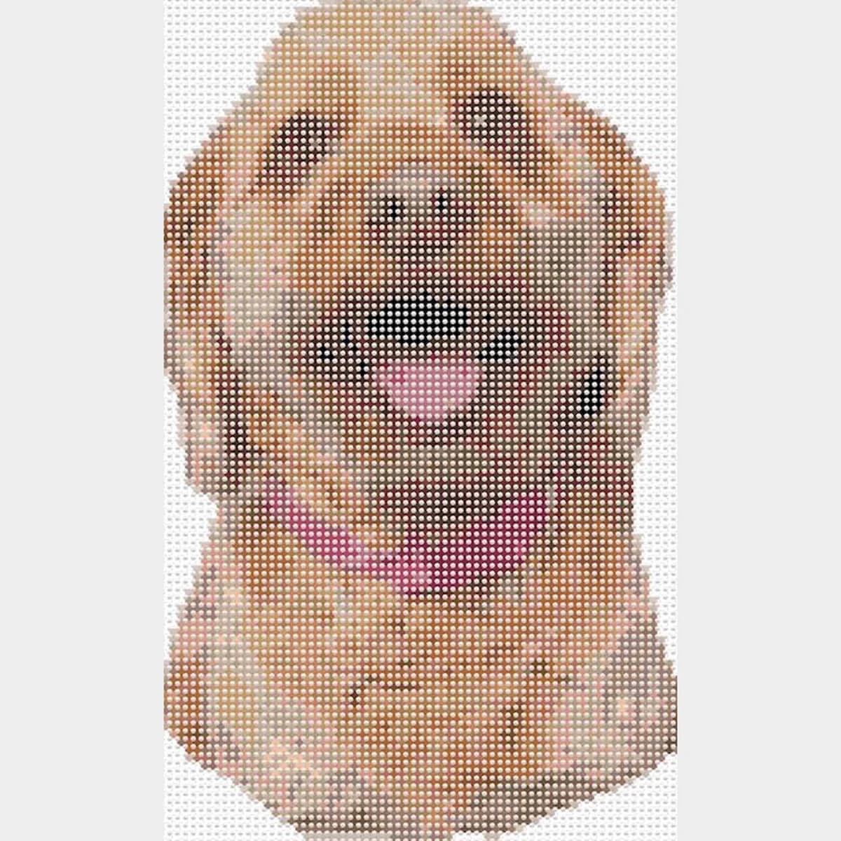Golden cockapoo portrait and its stitched canvas — stitched canvas