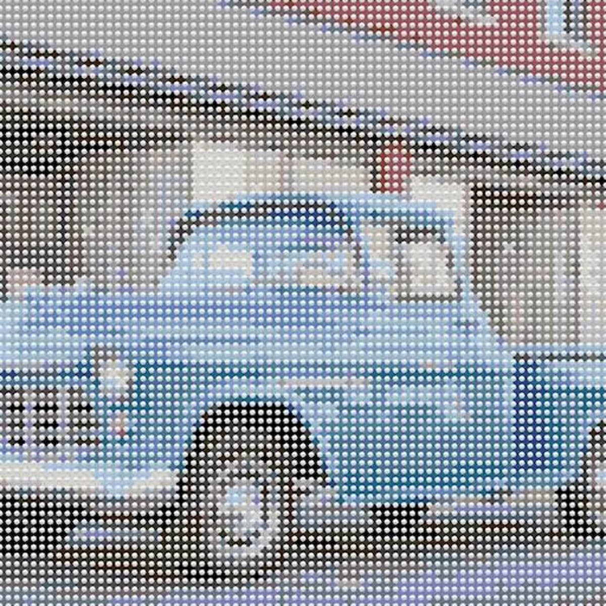 The same blue pickup truck rendered as a stitched canvas